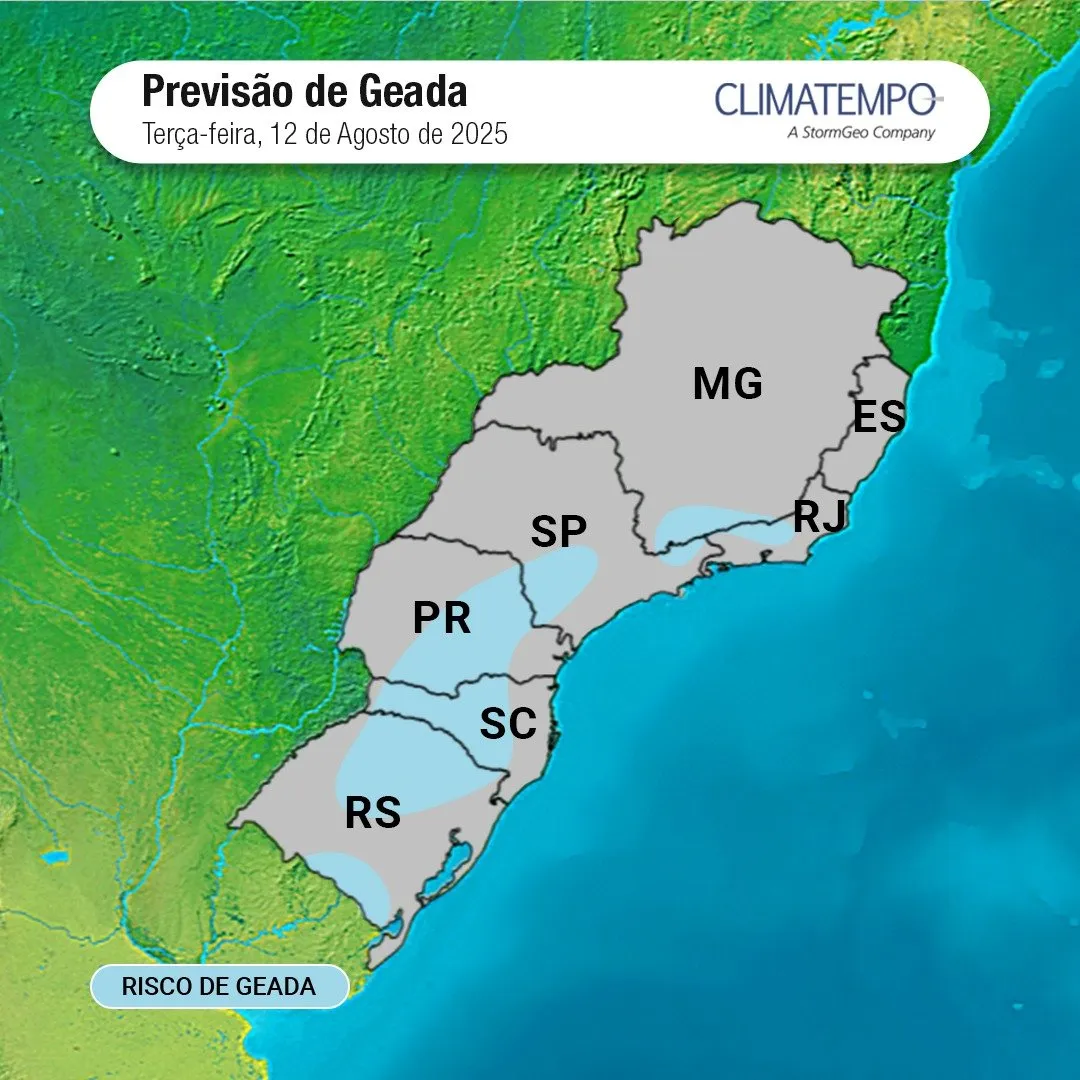 o mapa mostras áreas com possibilidade de geada